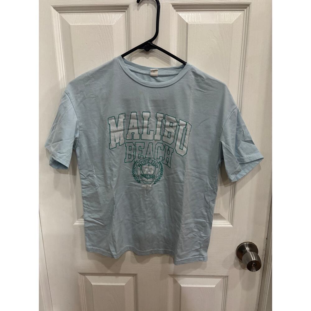 Malibu Beach Light Blue Graphic T – Vintage Style Surf Tee, Short Sleeve, 10-12 - Picture 2 of 3
